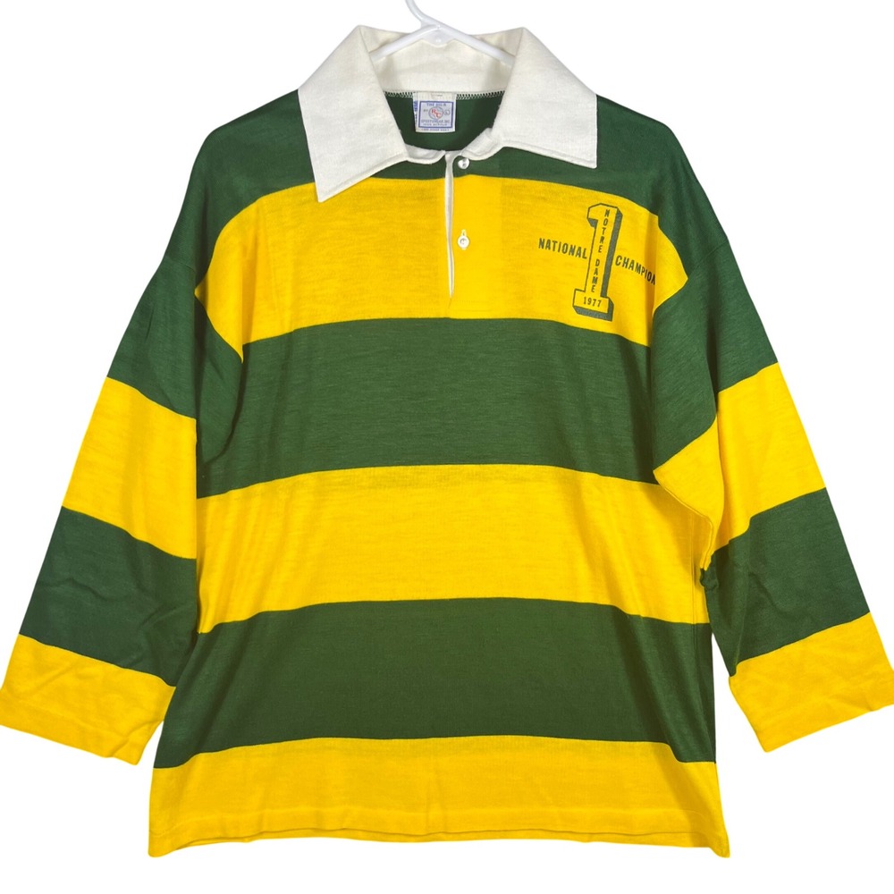 R.C. Sportswear Rugby Shirt Men L Green Yellow Notre Dame 1977 Champions Vintage